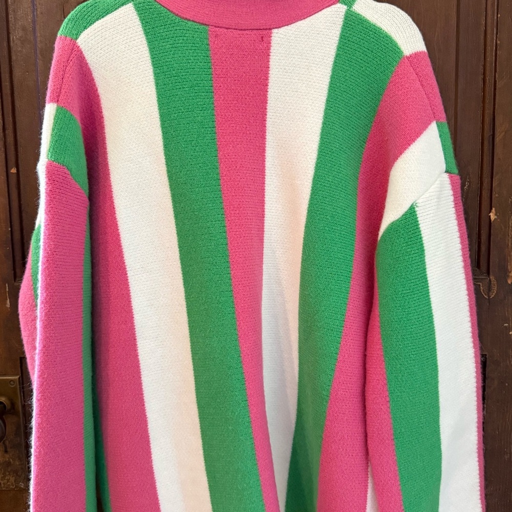 Pink and Green Striped Women's Sweater - Picture 5 of 6